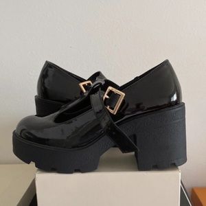 Black patent platform Mary Jane heels